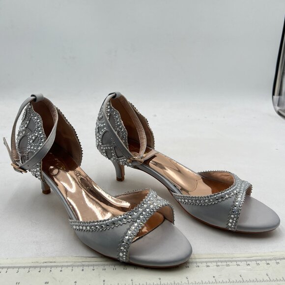 XYD Grey Open Toe Rhinestones Ankle Strap Sandals Low Heel Bridal Evening Shoes - Picture 4 of 8